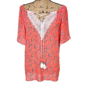 Democracy Boho Sheer Coral Lace Trimmed Blouse Size M